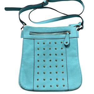 Small Light blue/teal crossbody purse with studs, gold satin lining inside EUC